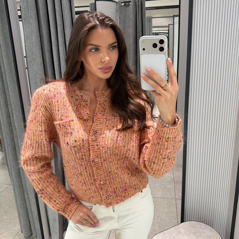 Elegant Knit Female Short Cardigans O-neck Fashion Women Single Breasted Sweater Full Sleeve Autumn Lady Casual 2026 Knitwear