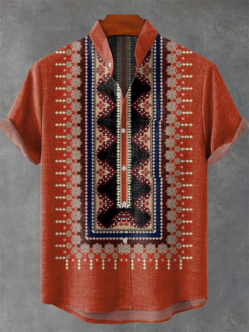 Men's Linen 80% Shirt Vintage Short Sleeve Fashion Tops Summer Casual Ethnic Clothing Shirt Men's Street Shirt