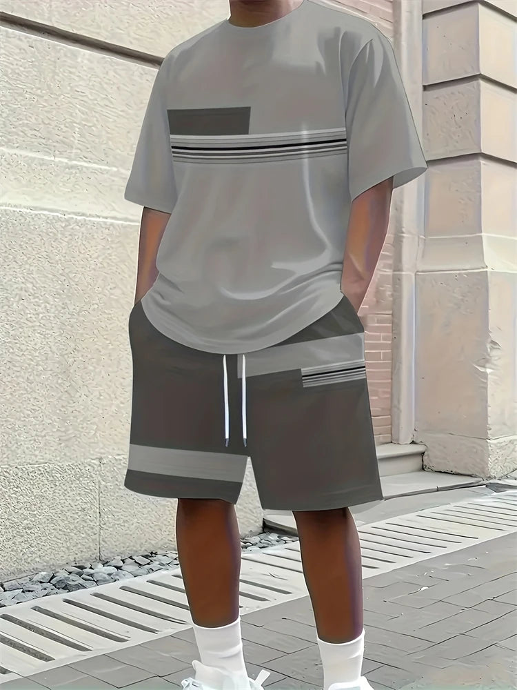 2026 New Spring/Summer Simple Letter 3D Printed Men's Casual Short-sleeved Set, Outdoor Street Fashion Trendy Men's Top And Shor