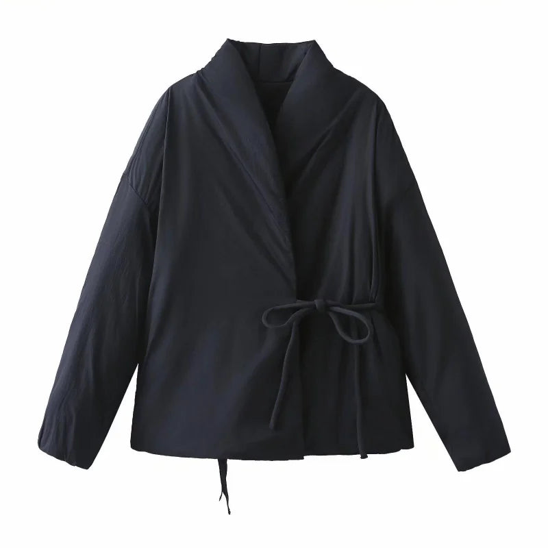 Fashion Lace Up Padded Cotton Jacket Women 2025 Winter Casual Loose Parkas Coat Vintage Outwear Female Warm Quilted Outerwears
