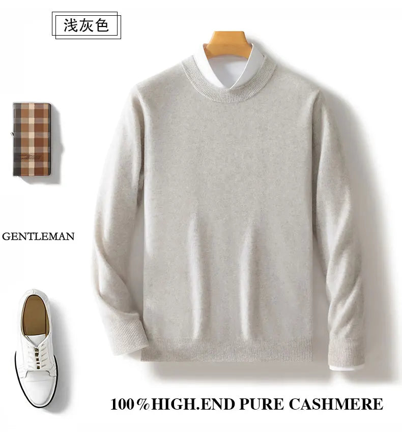 100% wool men's round neck solid color loose knit cashmere pullover for business and leisure, keeping warm in autumn and winter
