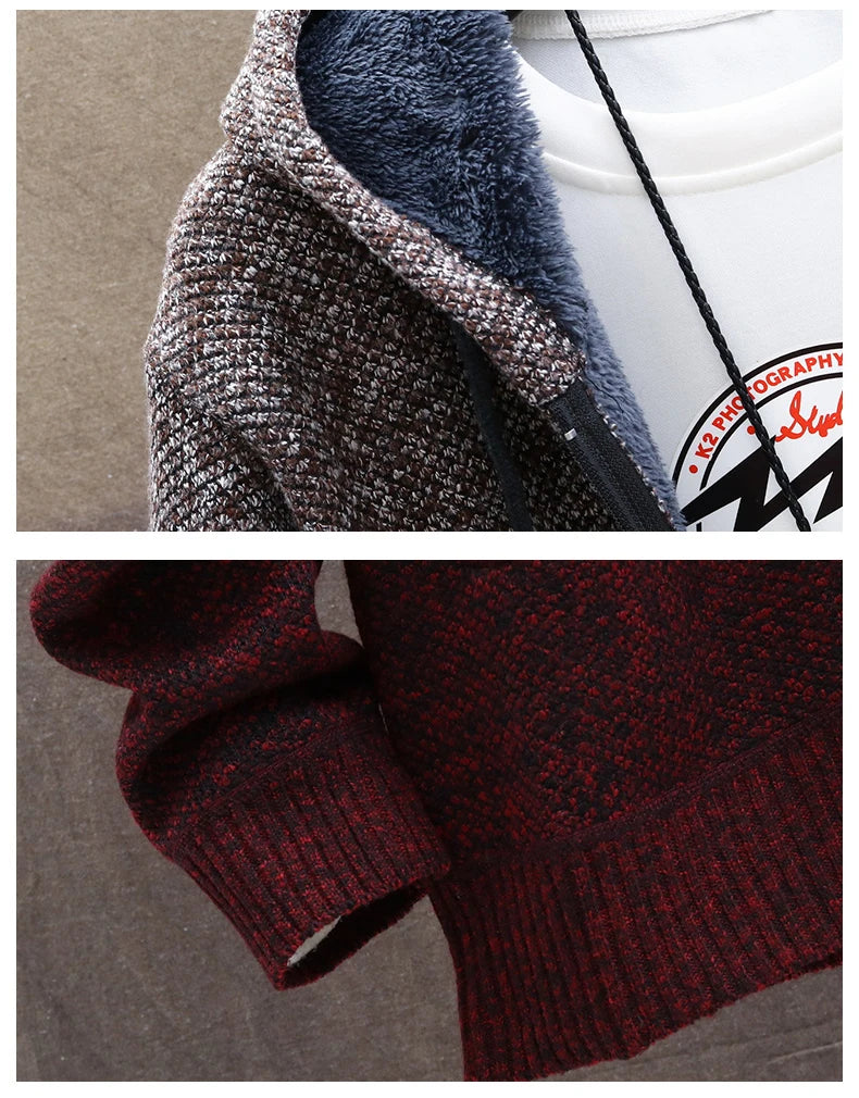 Autumn Winter Men's Sweaters Hooded Knit Cardigan Korean Sweaters Jacket Fleece Lined Hoodies Windbreaker Coat