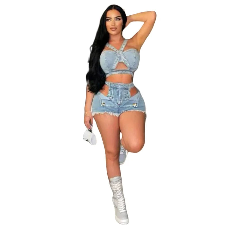 Sexy Jean 2 Piece Sets Women Outfit Summer Clothes Women 2024 Strapless Hollow Out Vest Top + Shorts Sets Street Denim Woman Set
