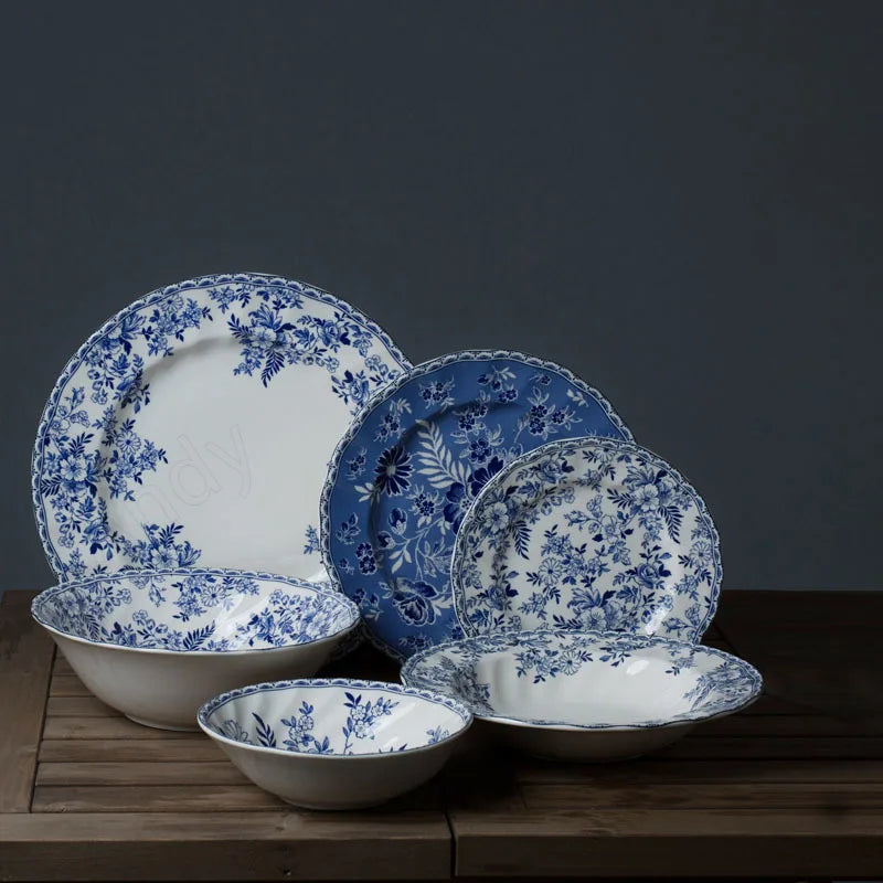 European Ceramic Dinner Plate Set Blue and White Porcelain Decorative Breakfast Plates Retro Hand Painted Restaurant Steak Dish