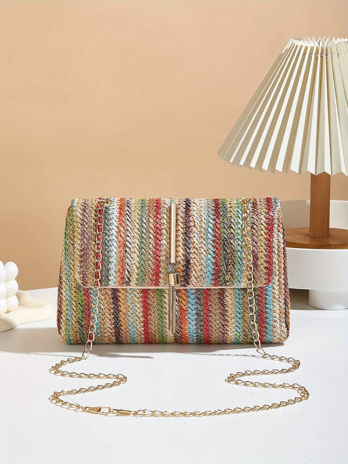 Chic Rainbow Stripe Straw Crossbody Bag for Women Adjustable Shoulder Strap Magnetic Closure Tassel Accent, Fashion Square Purse