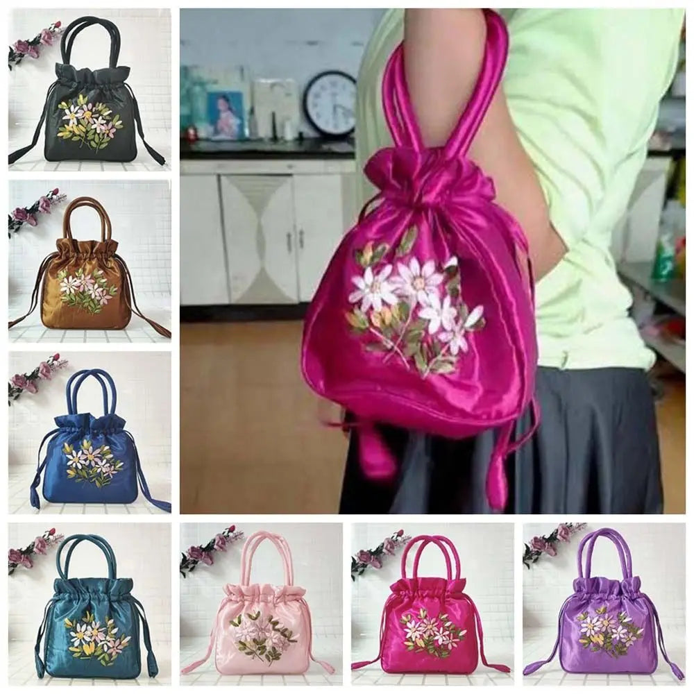 Retro Elegant Satin Silk Embroidery Totes for Women Floral Drawstring Handbag Hanfu Woman Purse Wallet Small Tote Bags