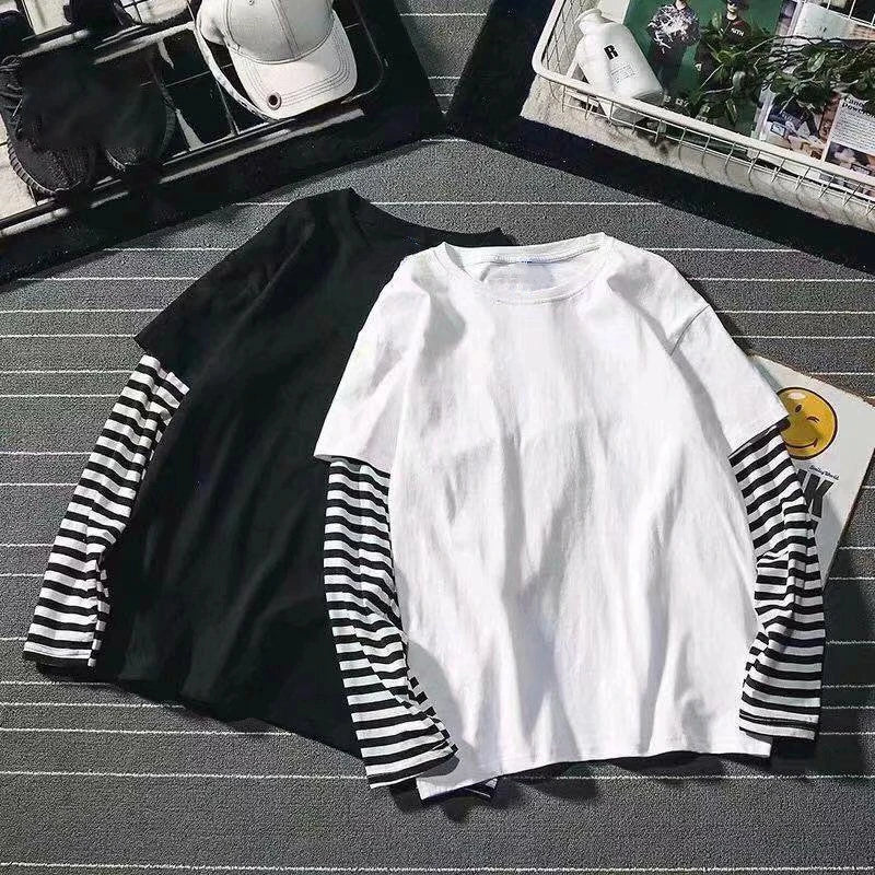 New Harajuku Black White Striped Y2K Long Sleeve Solid Color T-shirts Men Women Fall Fake Two Piece Long Sleeve Loose T-shirt