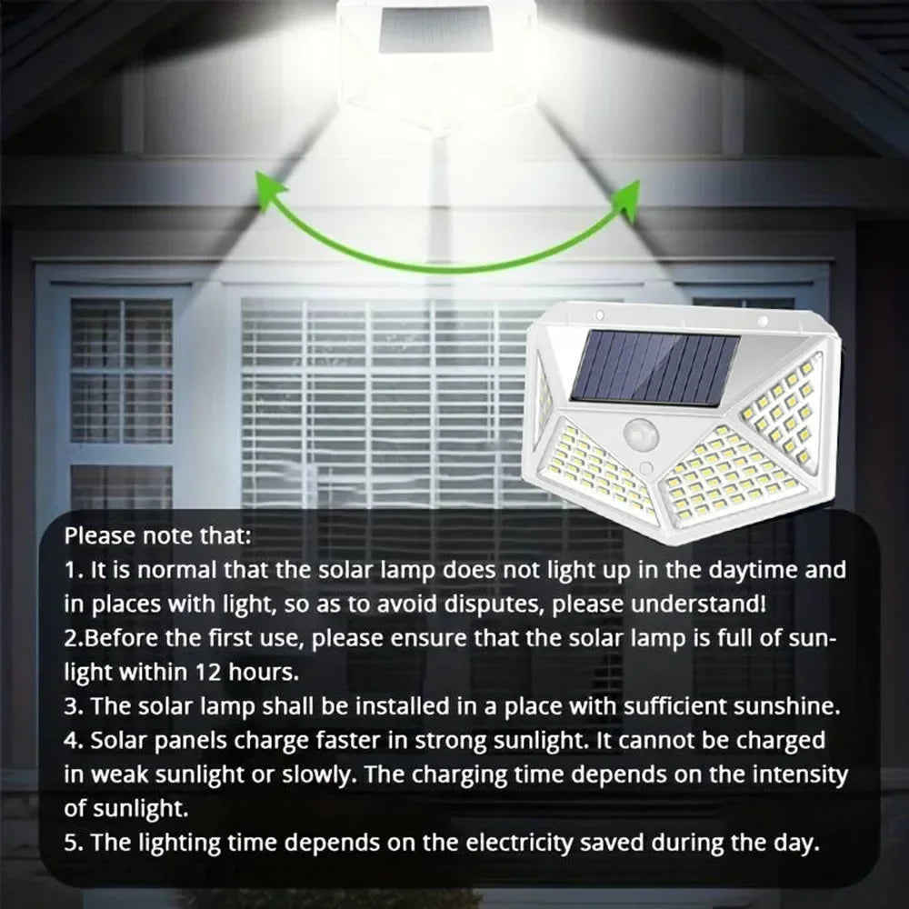 Solar Light Outdoor 100 LED Wall Lamp PIR Motion Sensor Lamp Waterproof Stairs Lights for Courtyard Garden Street Decoration
