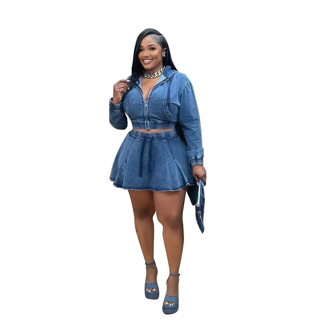 New TS1325 Women's Casual Washed Denim Short Skirt Set Fashionable Autumn Season Leisure Style Unisex Work Uniform Student Sc...