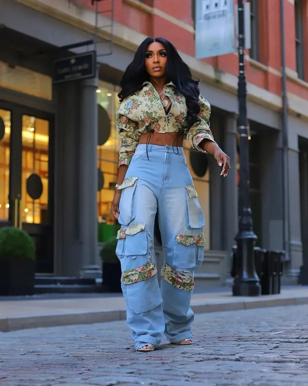 URBANCREW Floral Denim Jacket & Cargo Jeans Set — 2-Piece Streetwear