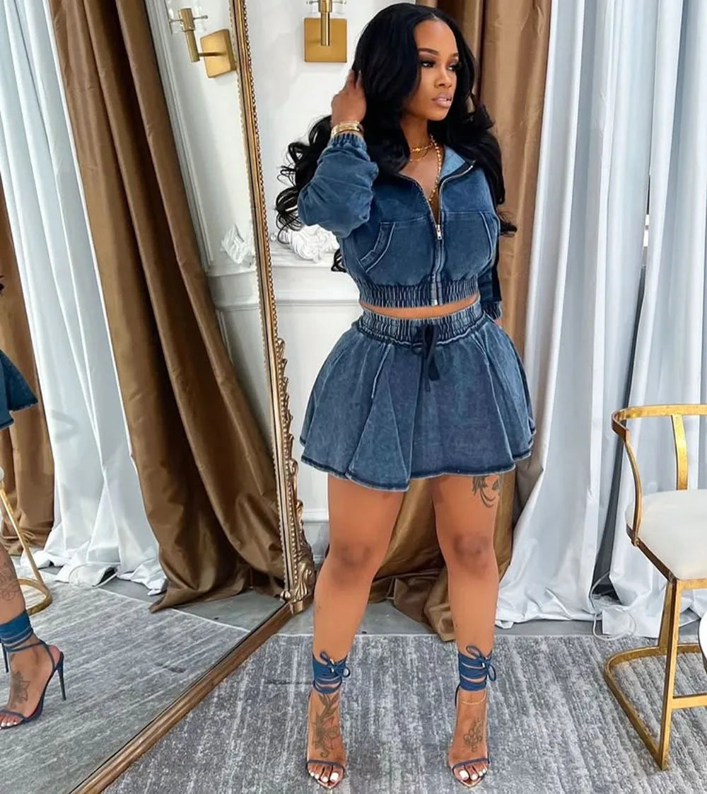 Streetwear Jeans Mini Skirt Outfits Sexy Women Elegant Two Pieces Sporty Club Matching Set Denim Hooded Top+Skirt