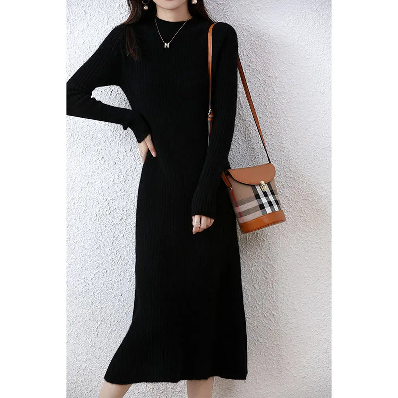 Cashmere Sweater Womens Dresses 100% Merino Wool Autumn Winter New Elegant Knitted Long Dress Female Casual Warm Skirts Vestidos