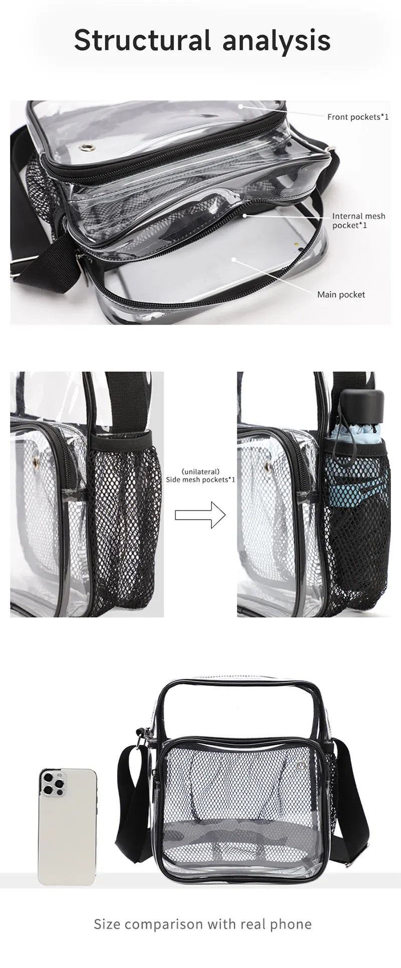TINYAT Women Lightweight Mesh Strap Transparent PVC Bags Put Lost Headphone Jack Umbrella Cell Phone 9.7 inch iPad For Concerts