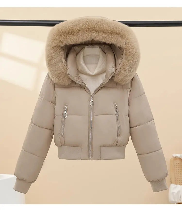 Korean Style Cropped Slim Fit Puffer Parka Women Detachable Faux Fur Trim Hood Thick Warm Zip Pockets Winter Casual Outfit 2026