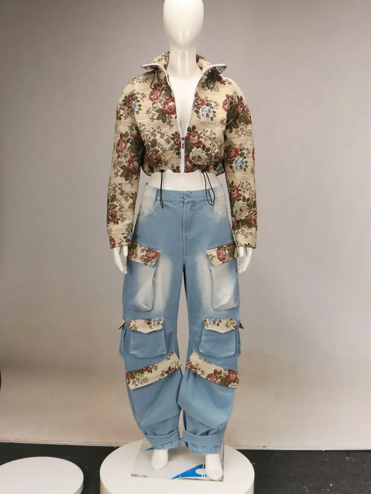 URBANCREW Floral Denim Jacket & Cargo Jeans Set — 2-Piece Streetwear