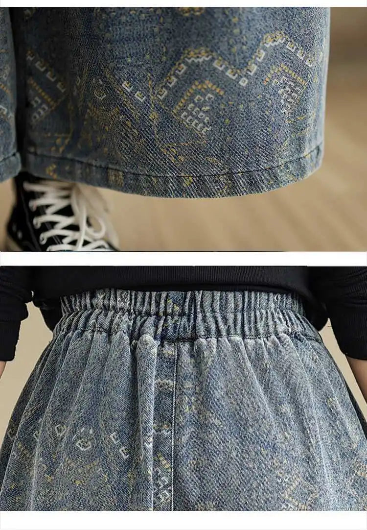 2026 Women's High Waist Wide Leg Jeans Loose Casual Straight Fit Trousers Elastic Waist Spring Autumn Vintage Print Denim Pants