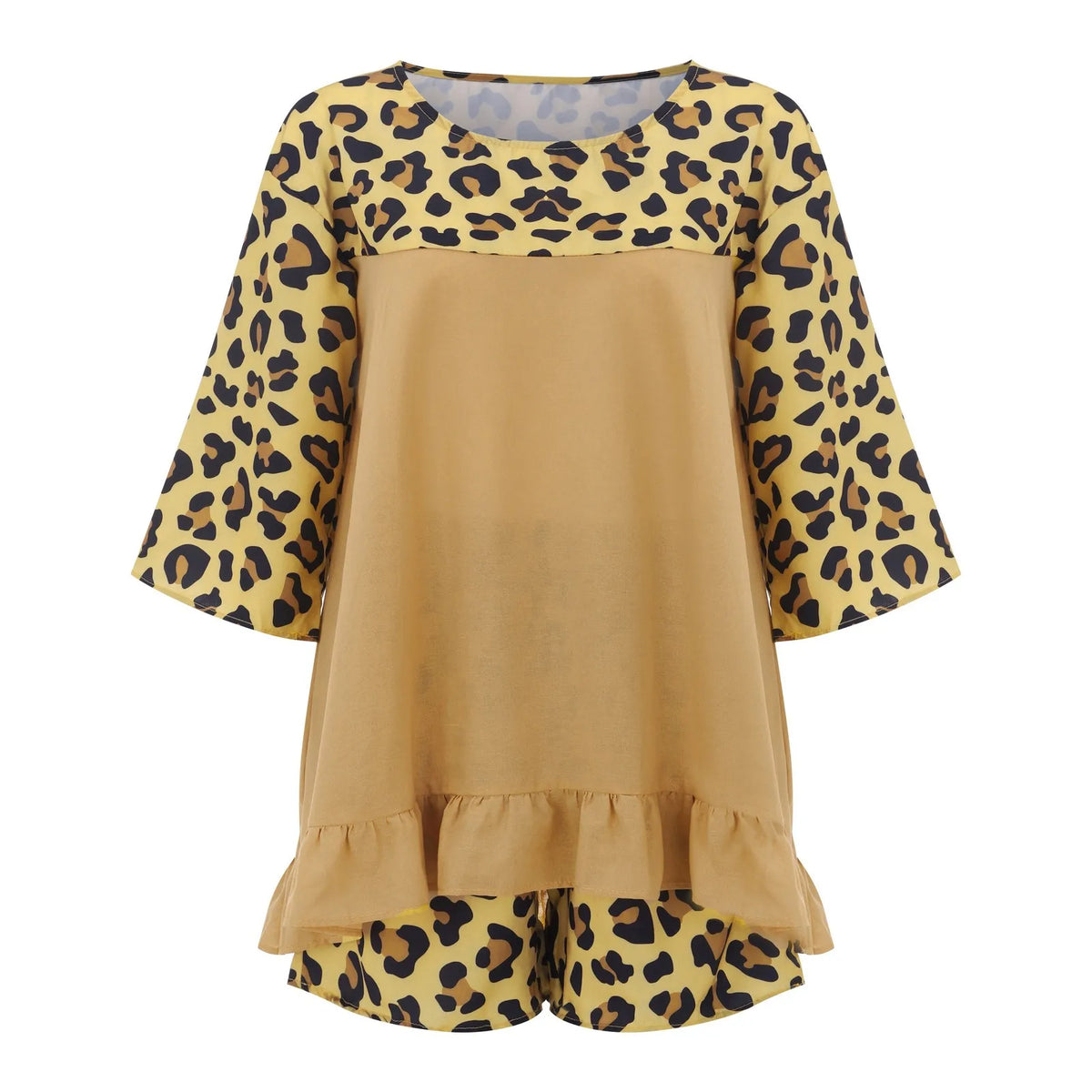 Summer Vintage Leopard Patchwork Outfits Set Cotton Linen Shirt Tops And Loose Shorts Suit Casual 3/4 Sleeve Women Two Piece Set