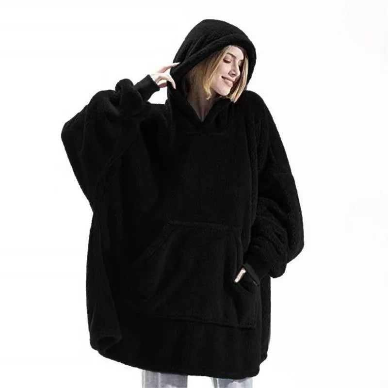 Autumn Winter Men Women Double Sided Velvet Hoodie Thick Coat Can Wear Blanket Couple's New Home Loose Hooded For Male Clothes