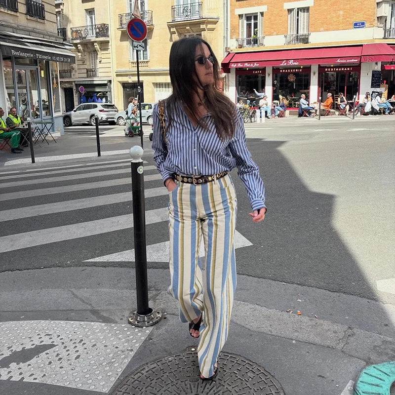 Casual Stripe Contrast Women's Pants Loose Zipper Button Pocket Wide Leg Female Pant 2026 Spring Summer Lady All-match Trousers