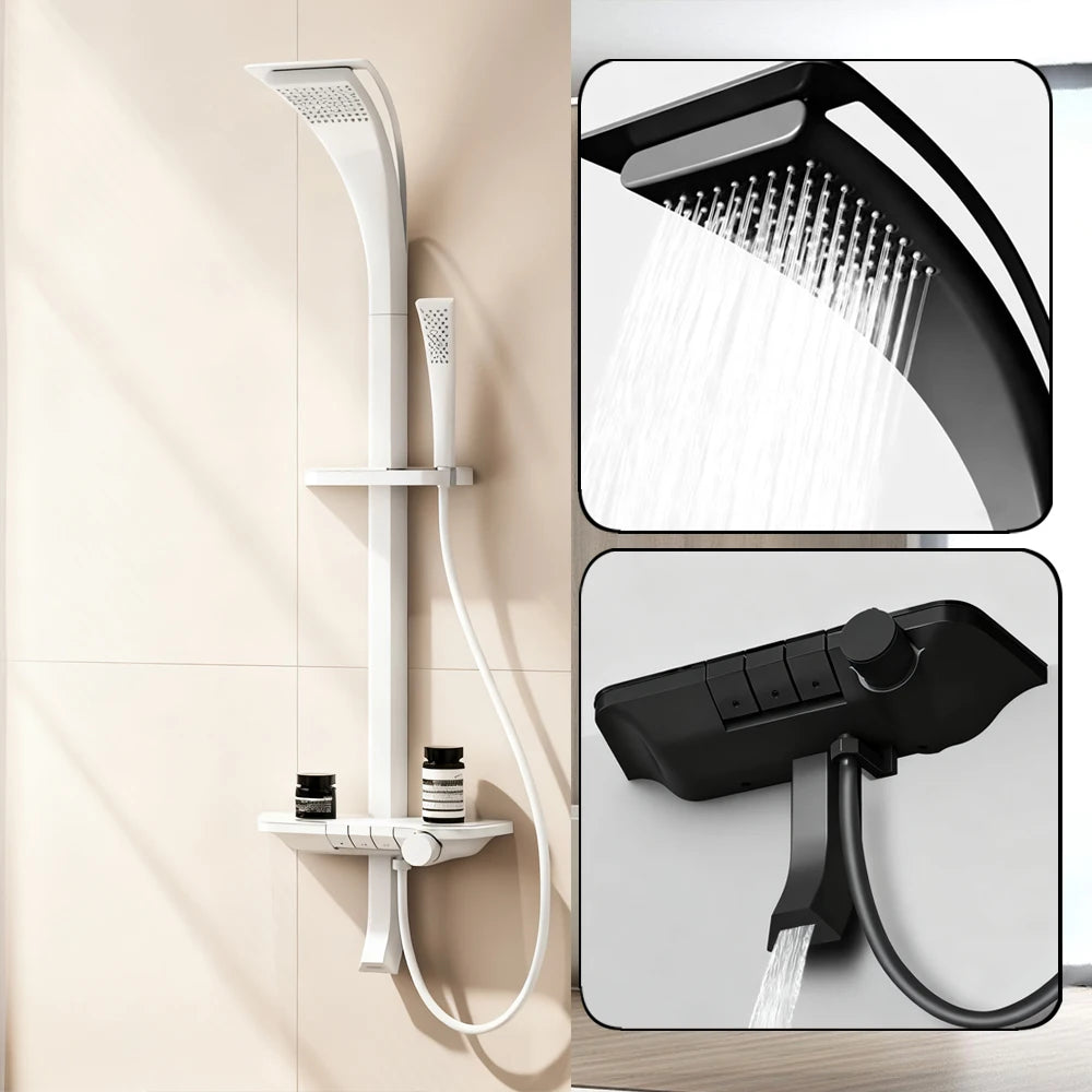 Modern Luxury Wall Mounted Showers Panel Shower Set with Shelves Smart Thermostatic Valve Shower System Set for Hotel Bathroom
