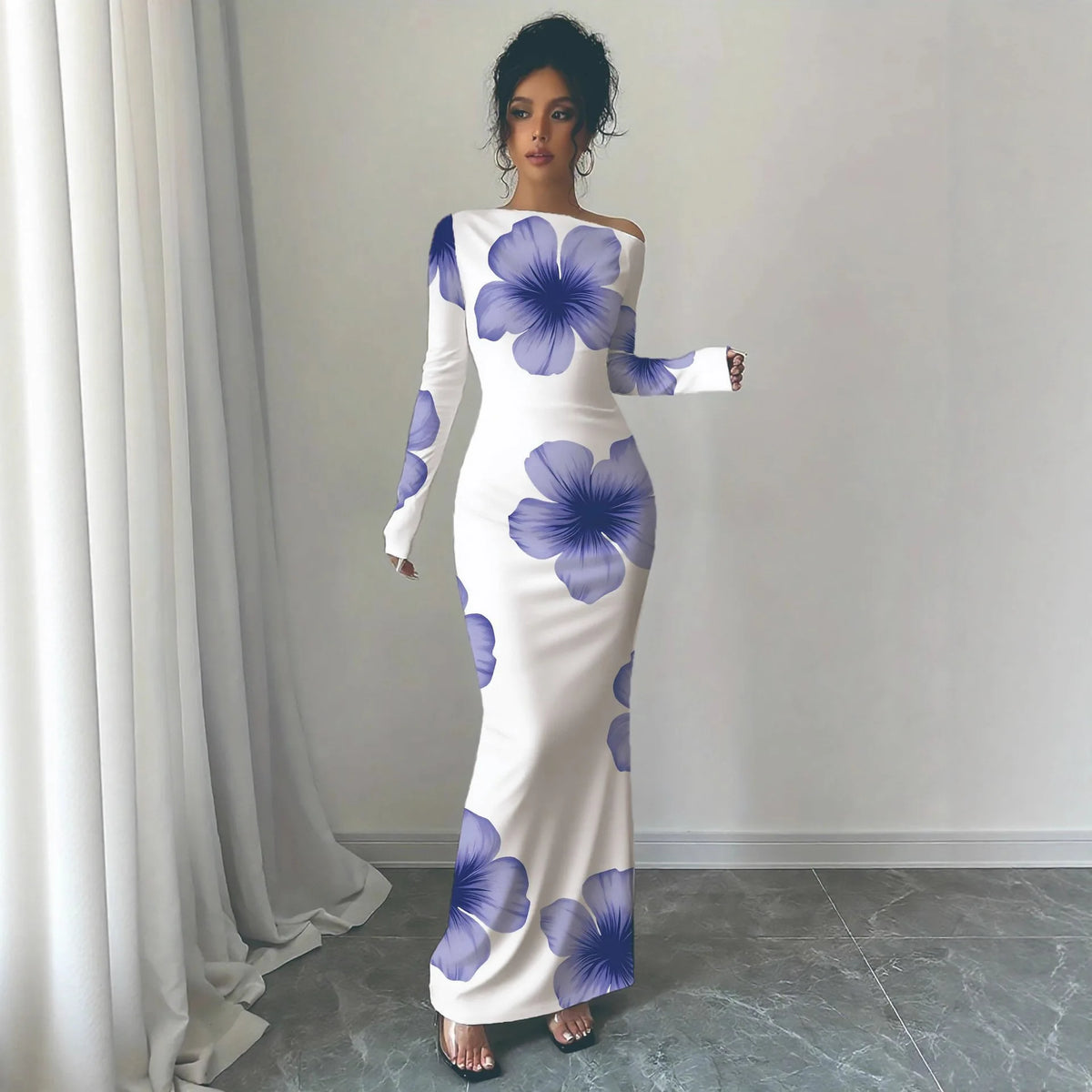 European and American 2025 Autumn New Printed Long Skirt Temperament Slim Long Sleeve Dress