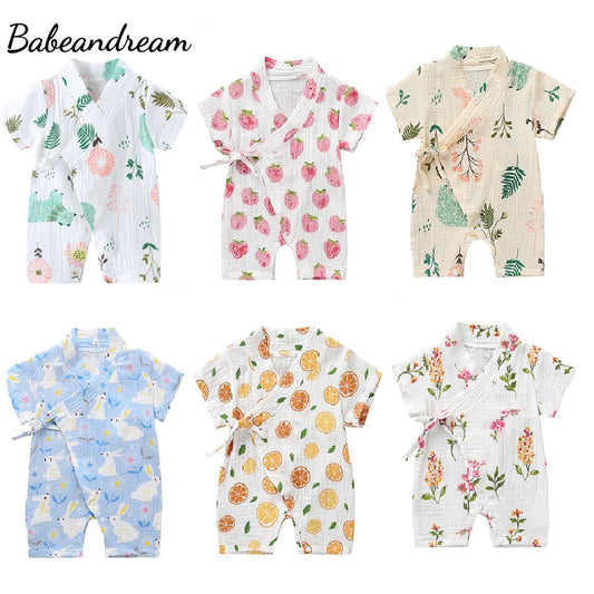 0-18M Summer Baby Girl Boys Clothing  Rompers Jumpsuit Short-sleeved Floral Print  Cute Soft Newborn Infant Baby Kimono Playwear