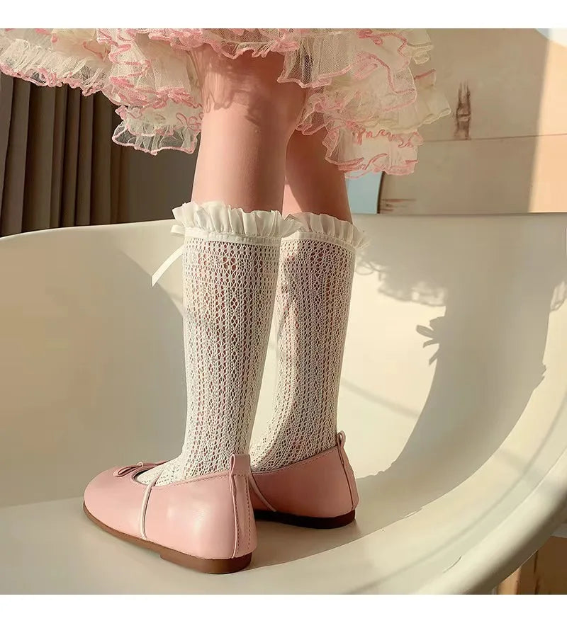 Girls Long Tube Lace Stockings Sweet Bow Jacquard Pattern Mesh Sock Baby Girl Ballet Fishing Net Frilly Socks Lolita Leggings