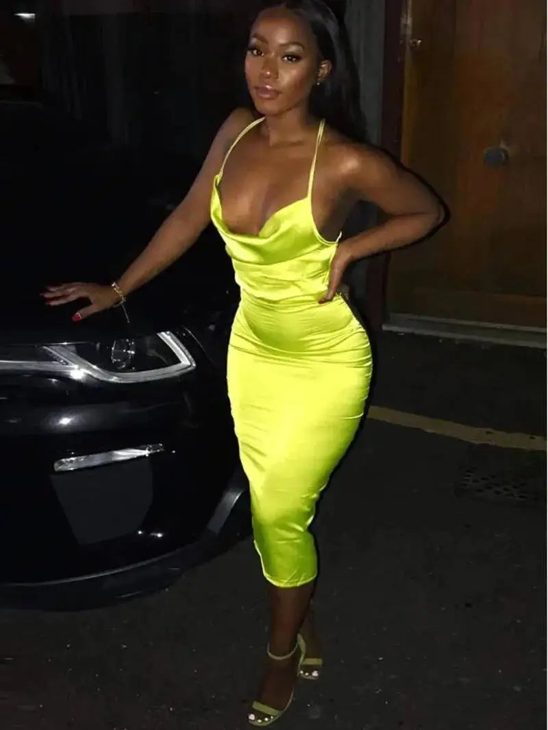 Satin Lace Up Women's Long Midi Dress Light Pink Bodycon Backless Elegant Party Sexy Club Clothes Summer Dinner Outfit