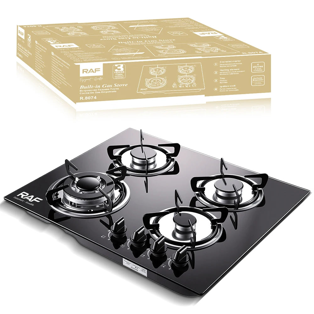 Built in Gas Stove Four Burners Tempered Glass Panel Pulse Ignition Uniform Firepower Cast Iron Support for Modern Kitchens