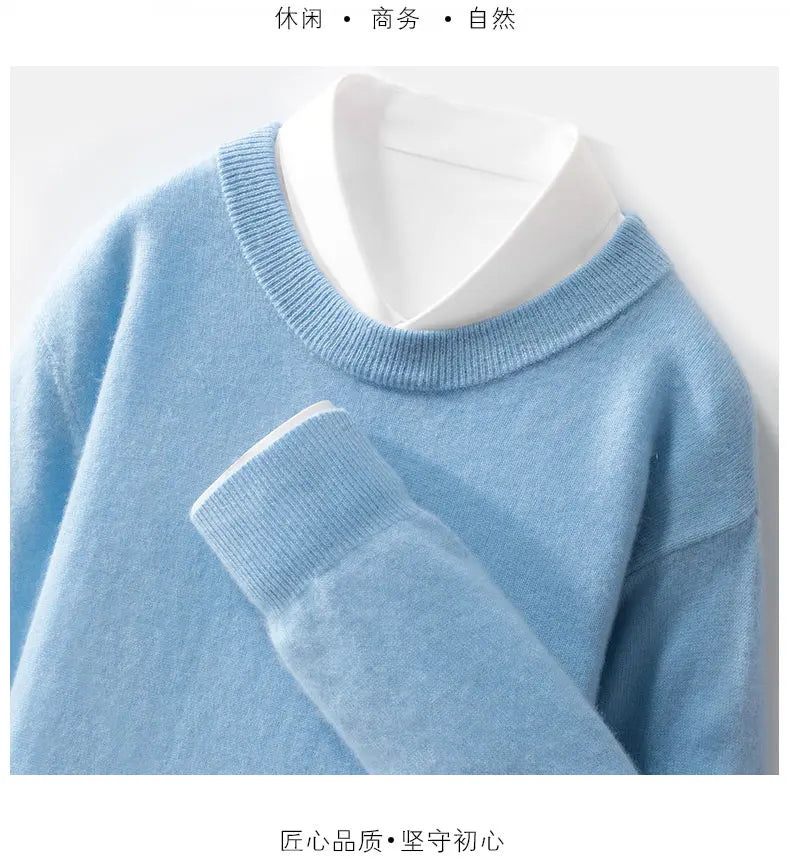 100% wool men's round neck solid color loose knit cashmere pullover for business and leisure, keeping warm in autumn and winter