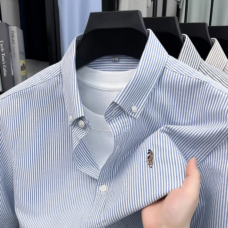 100% Pure Cotton Short Sleeved Shirt 2026 Summer New Men's Button Up Lapel Fine Stripe Middle-aged and Young Half Sleeved Shirt