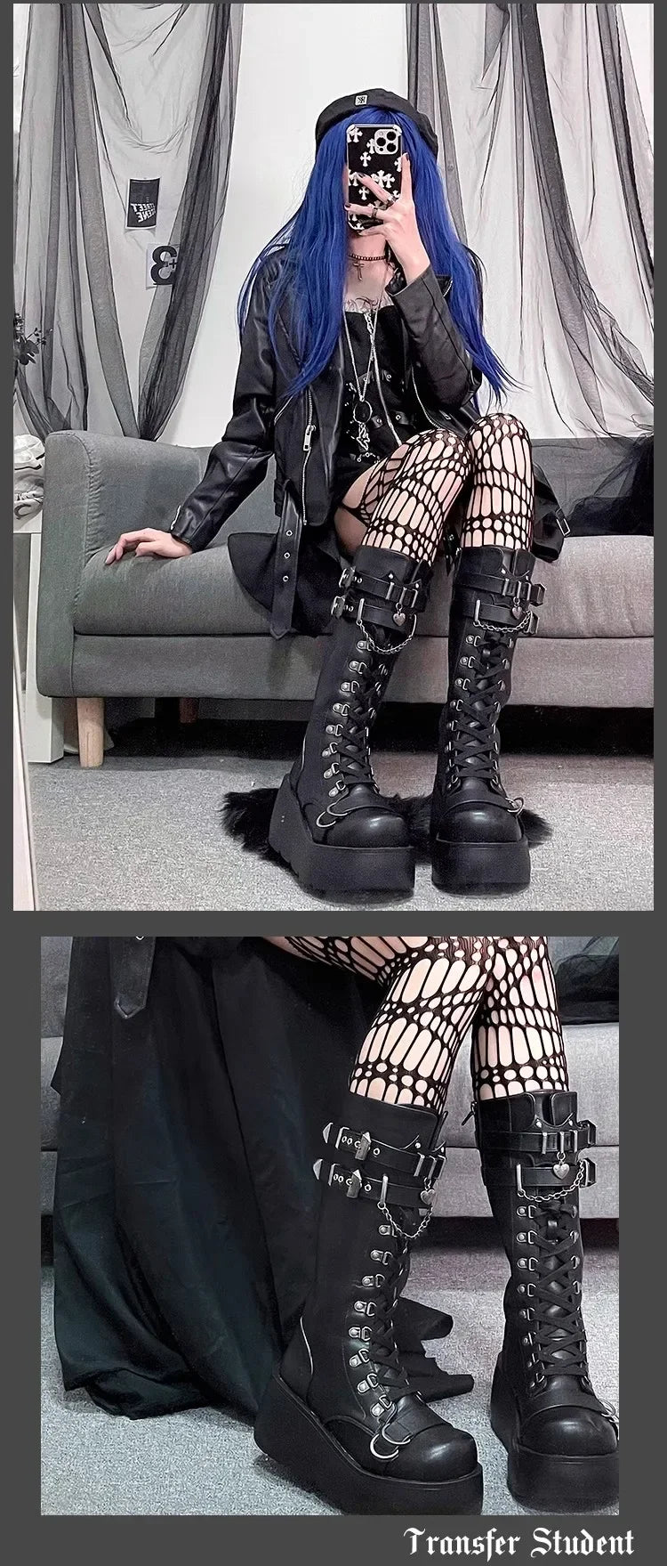 Motorcycle Boots Platform Boots for Women Wedges Knee High Black Lace Up Fashion Goth Gothic Boots Punk Shoes Girls Winter
