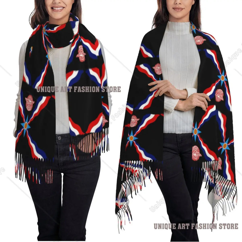 Luxury Assyrian Suryoyo Flag Scarf Tassel Scarves Women Soft Warm Shawls and Wraps Large Fall Winter Shawl Wrap