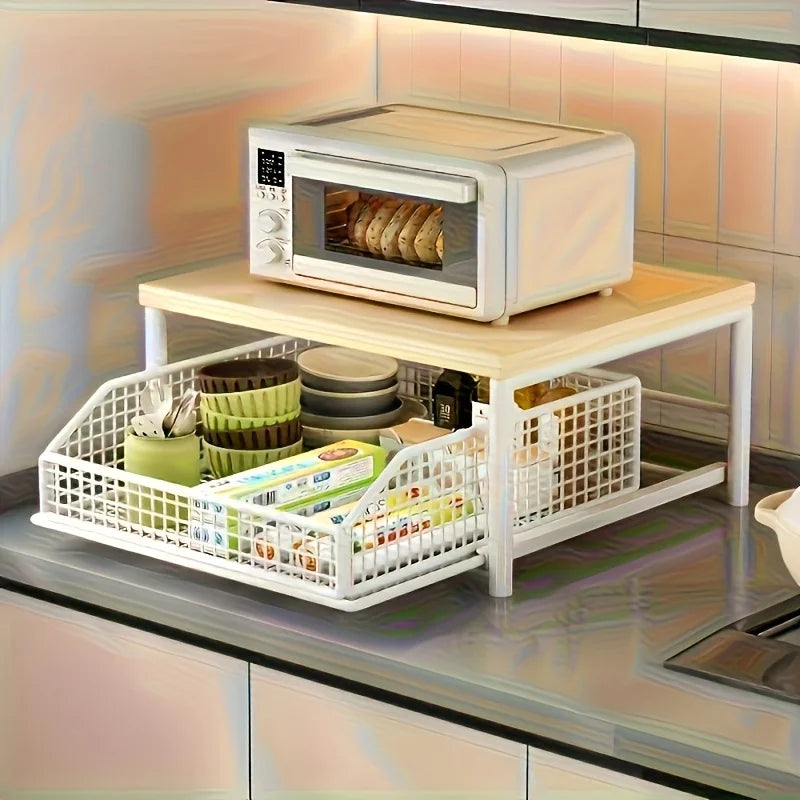 Space-Saving Kitchen Countertop Organizer with Drawer & Wire Basket - Sturdy Hardwood  Shelf for Coffee Maker.