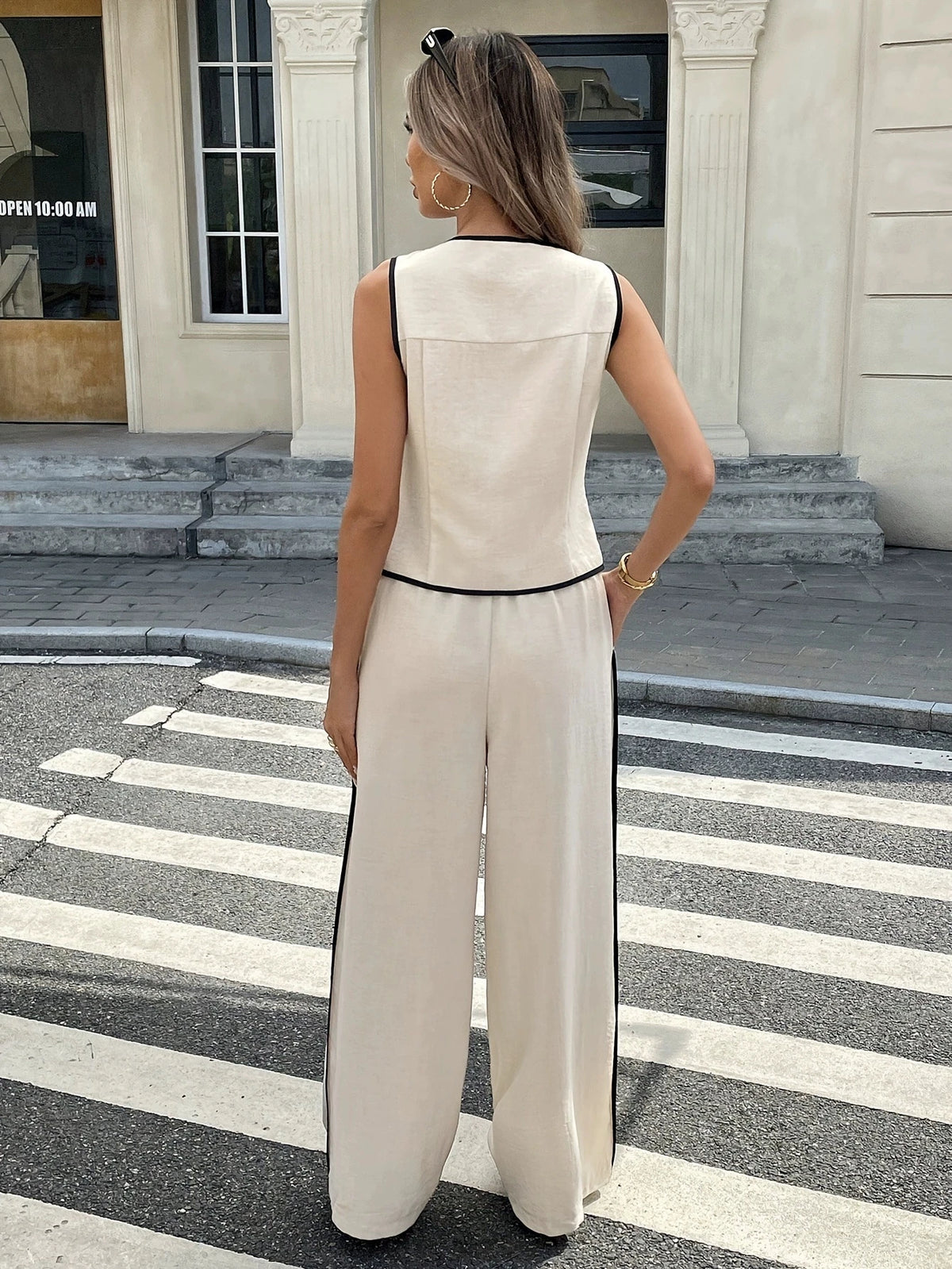 Summer Women Contrast Color Sleeveless Single Breasted Vest + Drawstring Pants Two Peice Set 2025 New women Vest Top + Pant Suit
