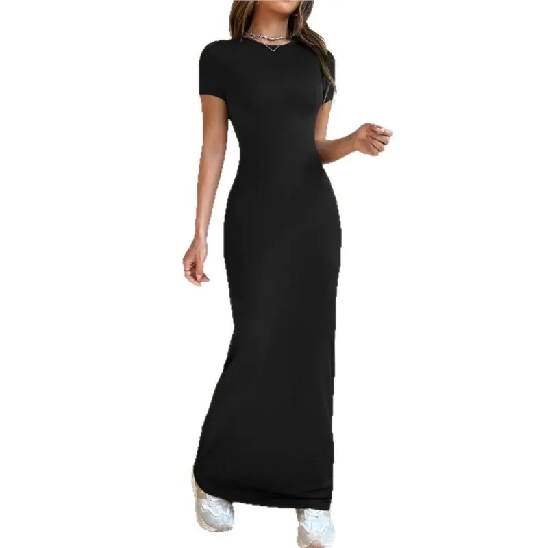 Short-sleeved Solid Color Slim Sexy Waisted Spring And Summer Temperament Dress Women's Round Neck Elegant Long Dress For Dinner
