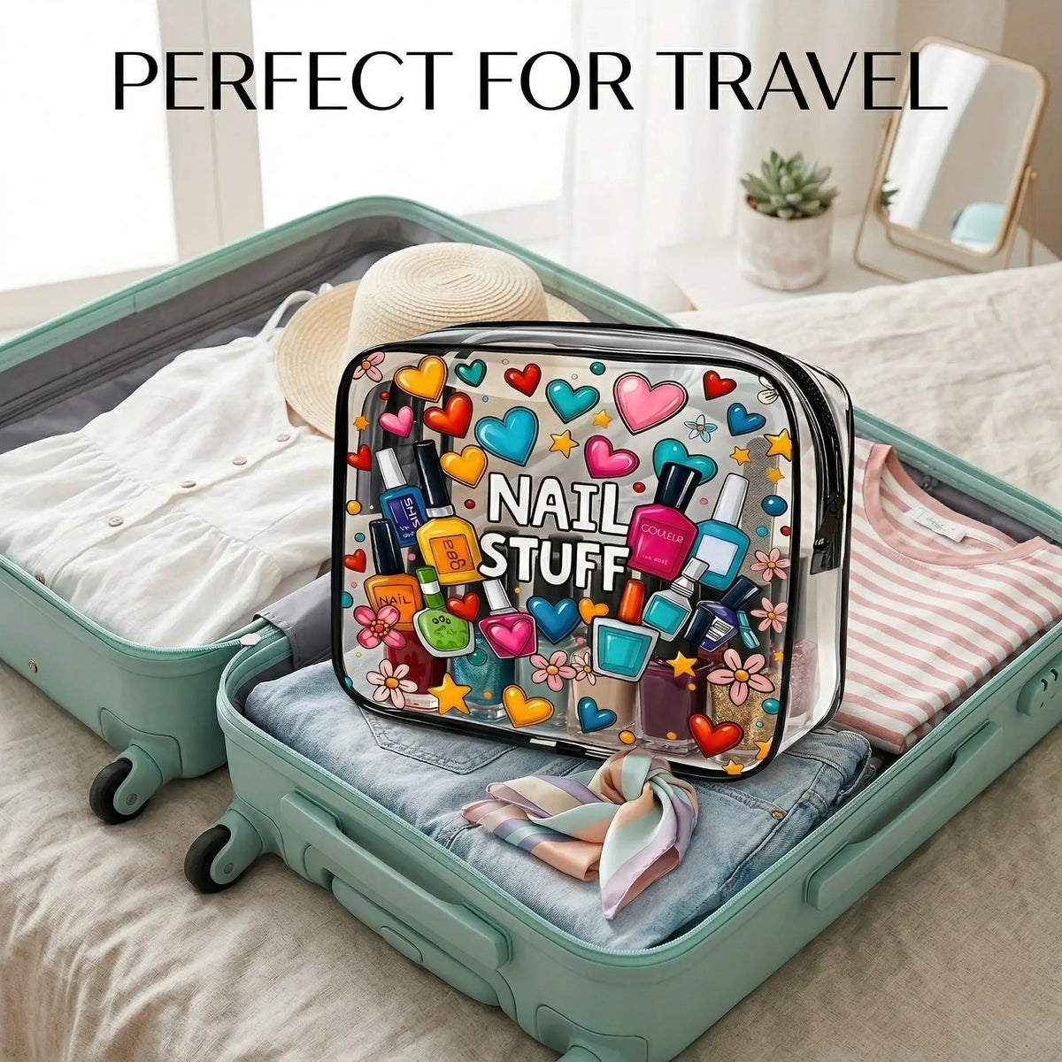 1pc Clear Makeup Bag Nail Polish Organizer Cute Travel Cosmetic Pouch Waterproof Transparent Toiletry Wash Bag Summer Vacation