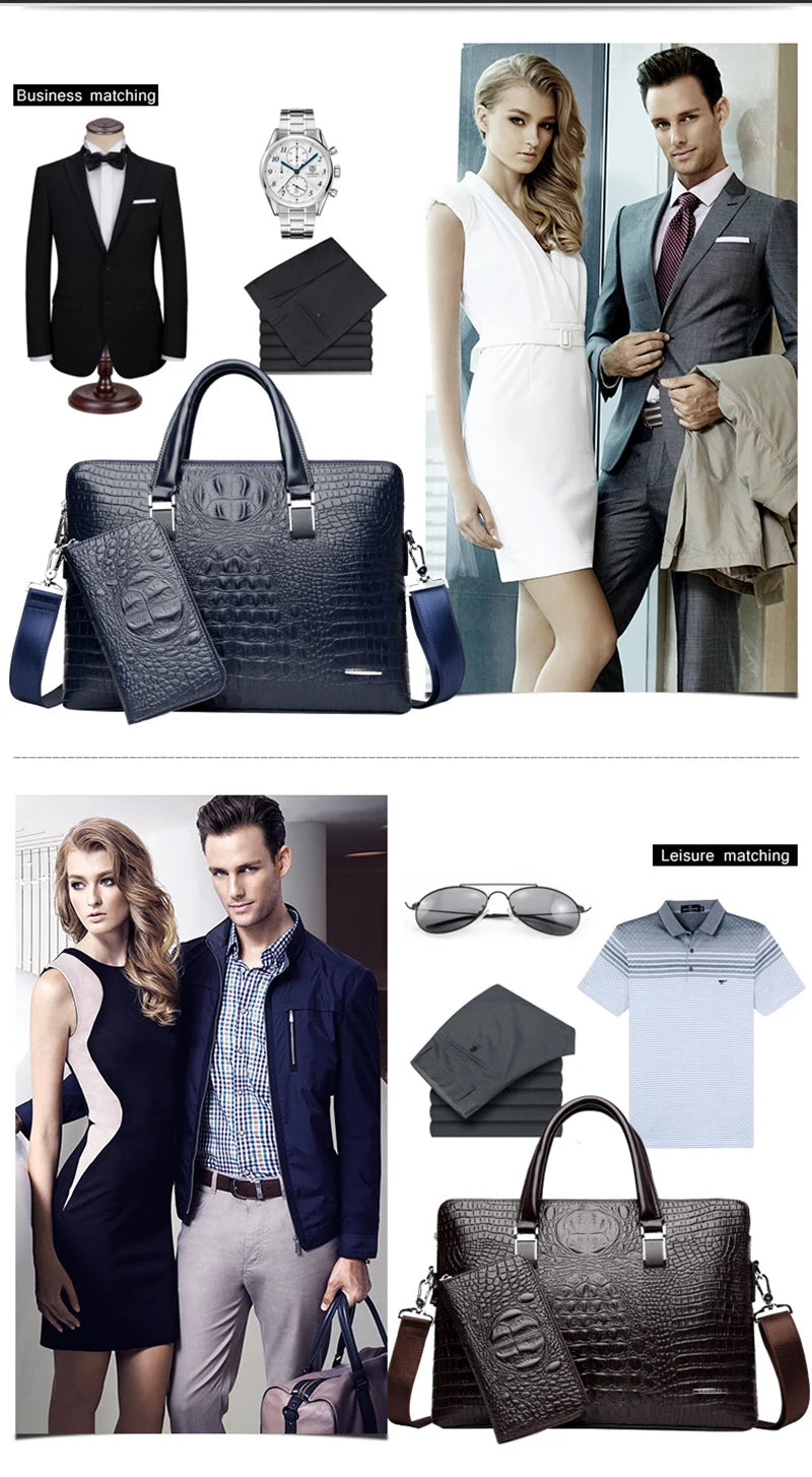 PU Leather Briefcase Bag Man Crocodile Alligator Tote Handbag Laptop 14 Computer Male Shoulder Business Messenger Portable Bag