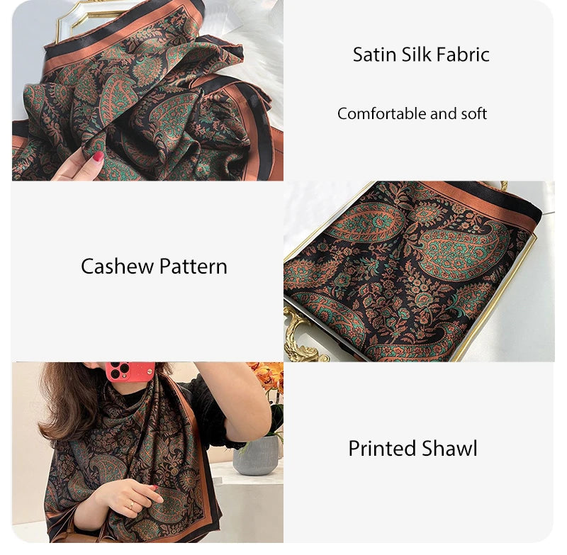 Paisley Print Square Scarf Vintage Imitation Silk Shawl Scarf Elegant Cashew Pattern Women Windproof Outdoor Head Wrap