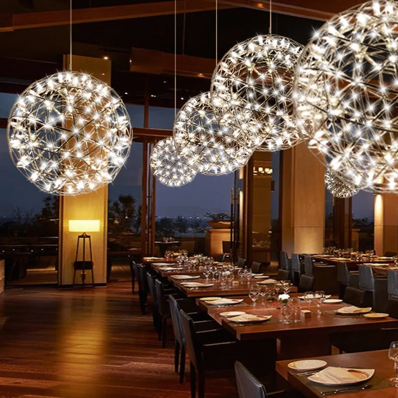 Modern Stainless Steel Spark Ball LED Pendant Light Dimmable Firework Dandelion Chandelier Loft Bar Bedroom Living Room Decor