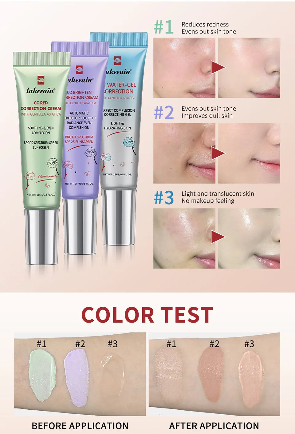 Lakerain Centella Color Changing CC Cream High Coverage Moisturizing Liquid Foundation Korean Face Base Makeup