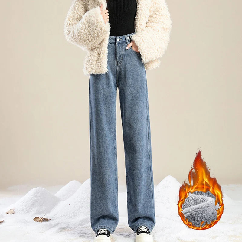 Hot Sale Winter Lady Thermal Plush High Waist Jeans Girls Snow Warm Denim Pants Women Classic Fleece Straight Leg Trousers