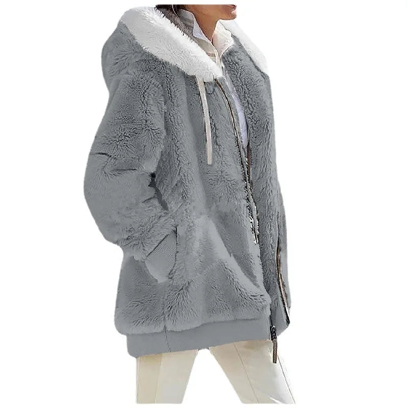 New Style Winter Fashion Women's Coat Casual Hooded Zipper Ladies Clothes Cashmere Women Fleece Jacket Solid Color Ladies Coats