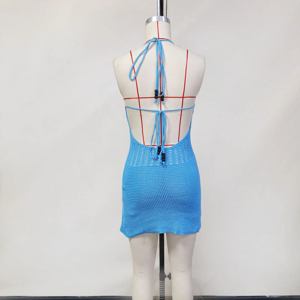 2026 Women's Sexy Hollow-Out Backpack Hip-Revealing Halter Neck Suspender Strap Knit Beach Dress Women Dress Elegant Fashion