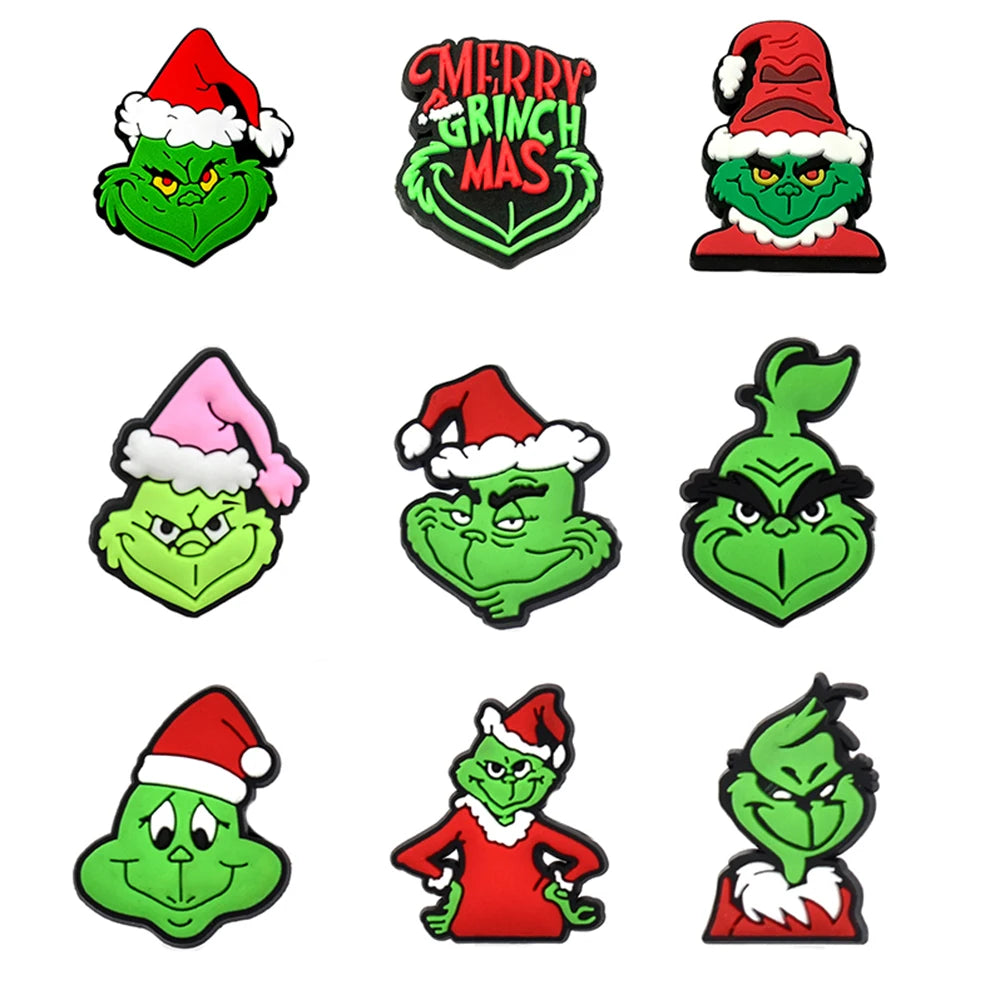 9-22Pcs Christmas Green Cartoon Shoes Charms Cartoon Clog Sandal Garden Shoe Decoration Accessorie Buckles Kids Party Gifts