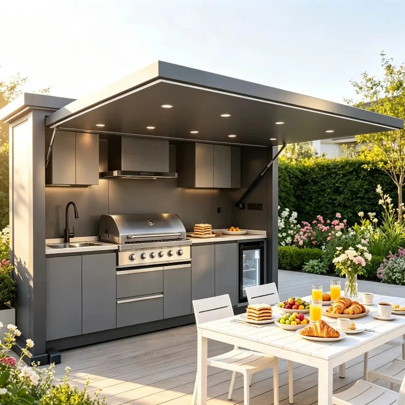 Luxury Outdoor Kitchen Island Set with Built-in Gas BBQ Grill, Pizza Oven & Storage Drawers Prefabricated Patio Cooking Station