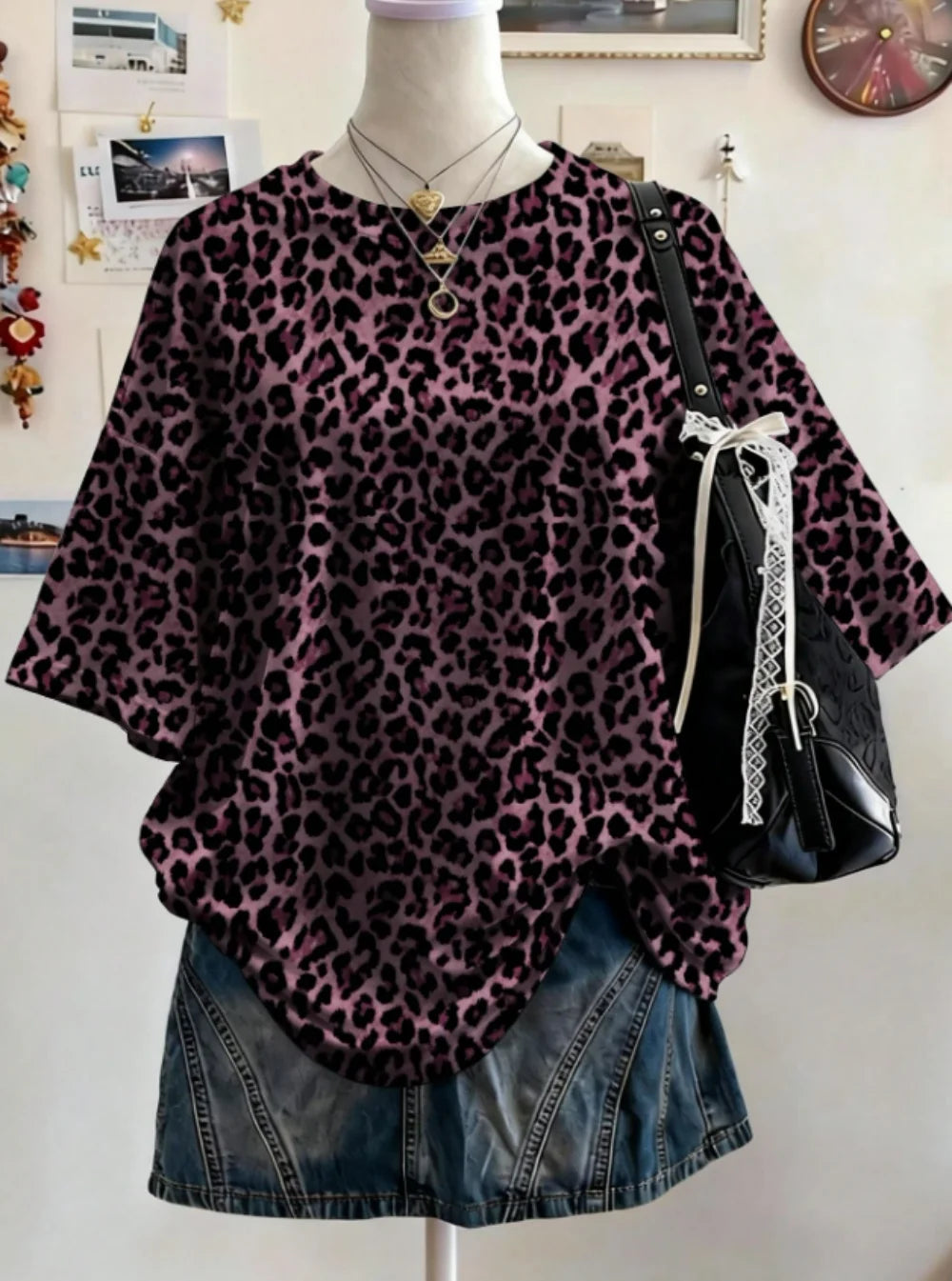 Summer Y2K Leopard Print Casual Oversized Round Neck Drop Shoulder Women Short Sleeve T-shirt Street Casual Sports Top