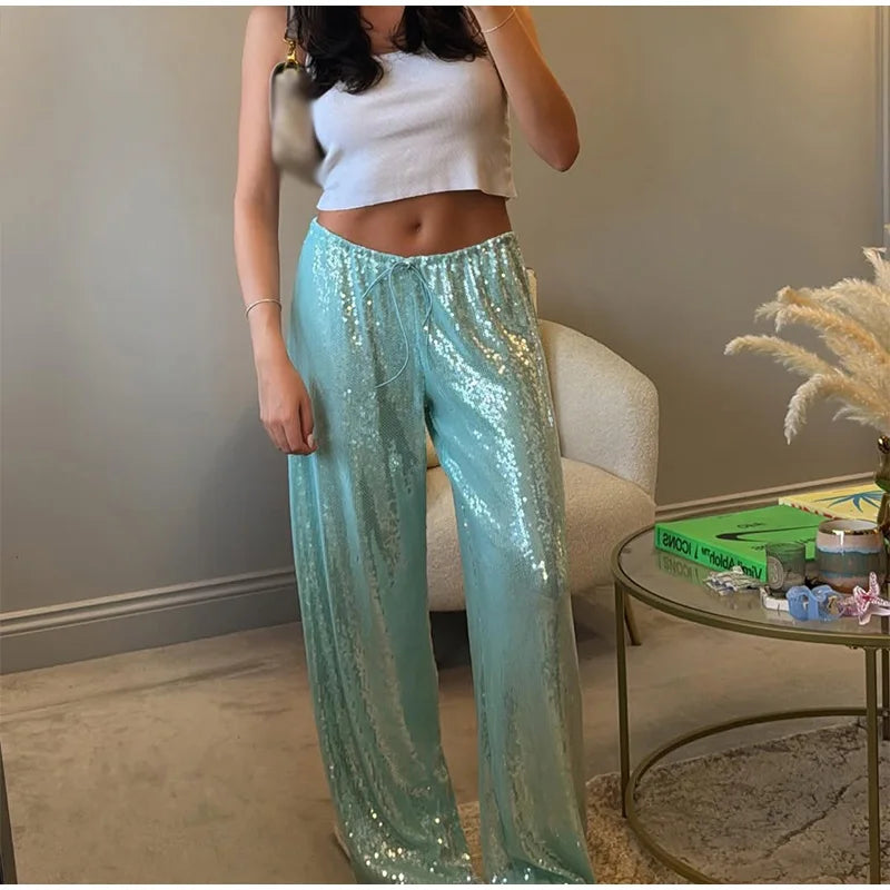 Casual Sequin Pants Women Loose Elastic Waist Wide Legs Trousers Female 2026 Autumn Winter Fashion Chic Solid Streetwears Lady
