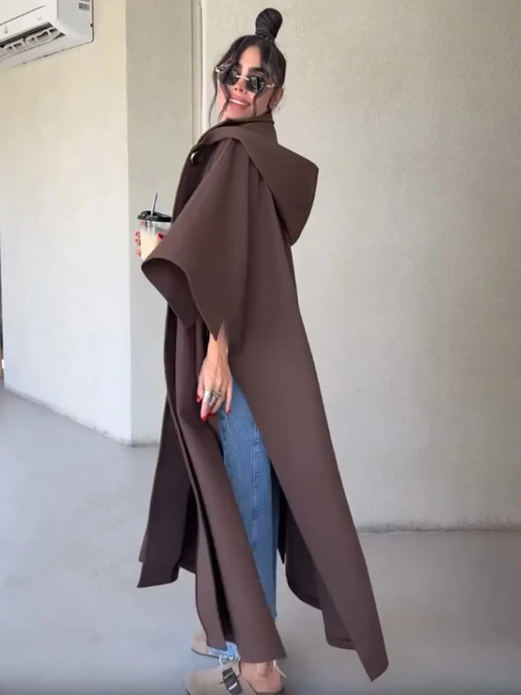 Fashion Solid Cape‑style Long Overcoat Women Oversize Hooded Self‑tie‑belt Wide 3/4 Sleeve Trench Coat New Fall Female Outerwear