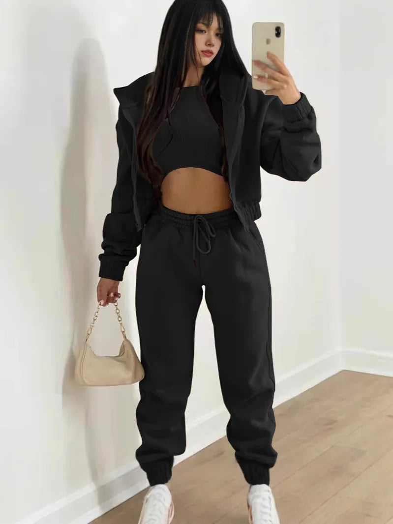 Ladies Tracksuit Zippered Hooded Jogger Tracksuit Thermal Lined Trousers Tracksuit Fashionable Athleisure Cozy Ensemble